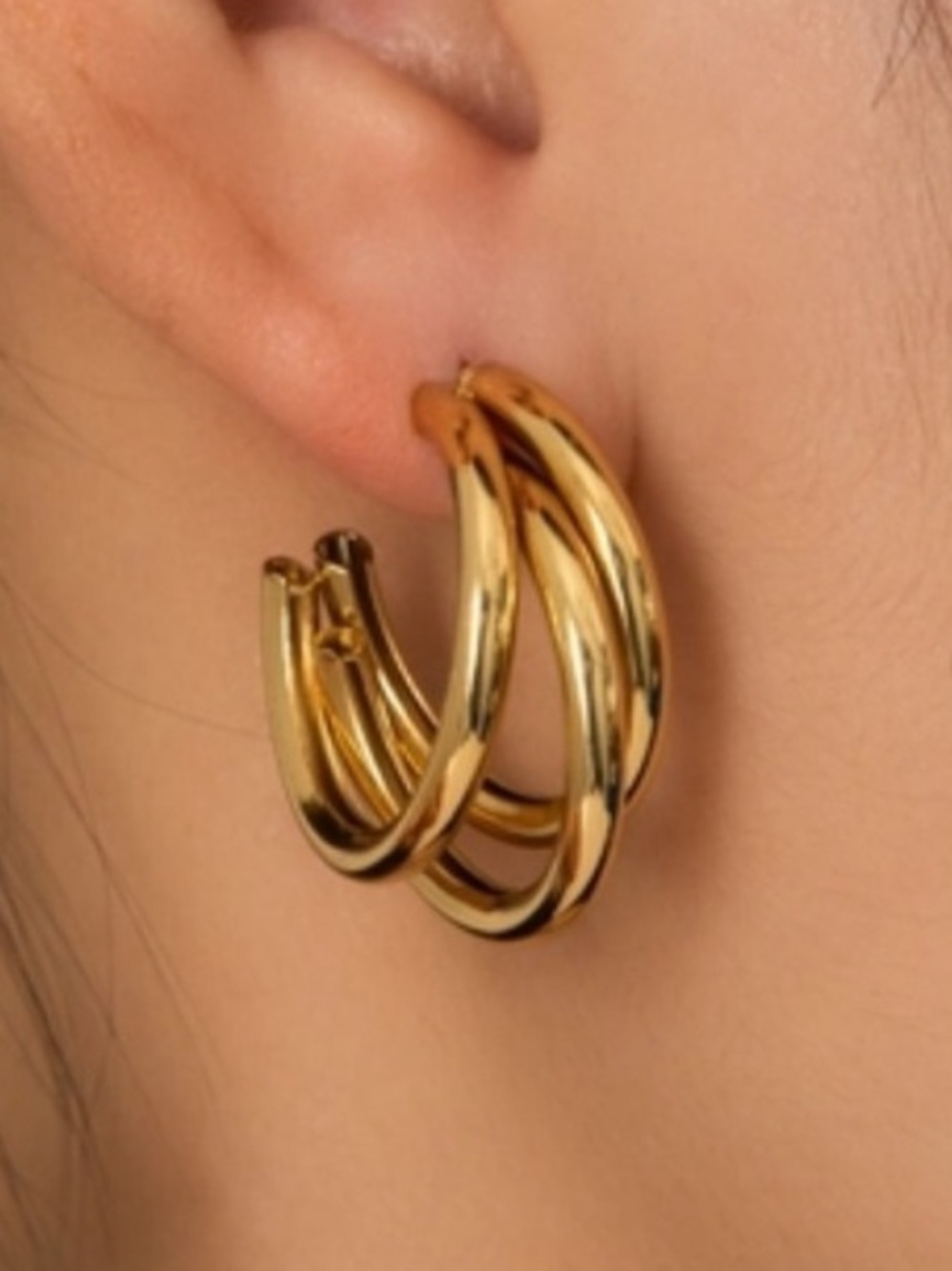 Gold Triple-Loop Hoop Earrings for Women - Polished Gold Finish